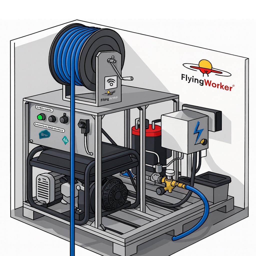 MODUL: Mischbettharz-Osmoseanlage, integrierte Heizung bis 90 °C, leistungsstarke Wasser- und Hochdrucktechnik (100–180 bar) sowie Stromversorgung mit 12,5 kVA. 60 m DN8 Hochdruckschlauch, chemiebeständig und temperaturfest.