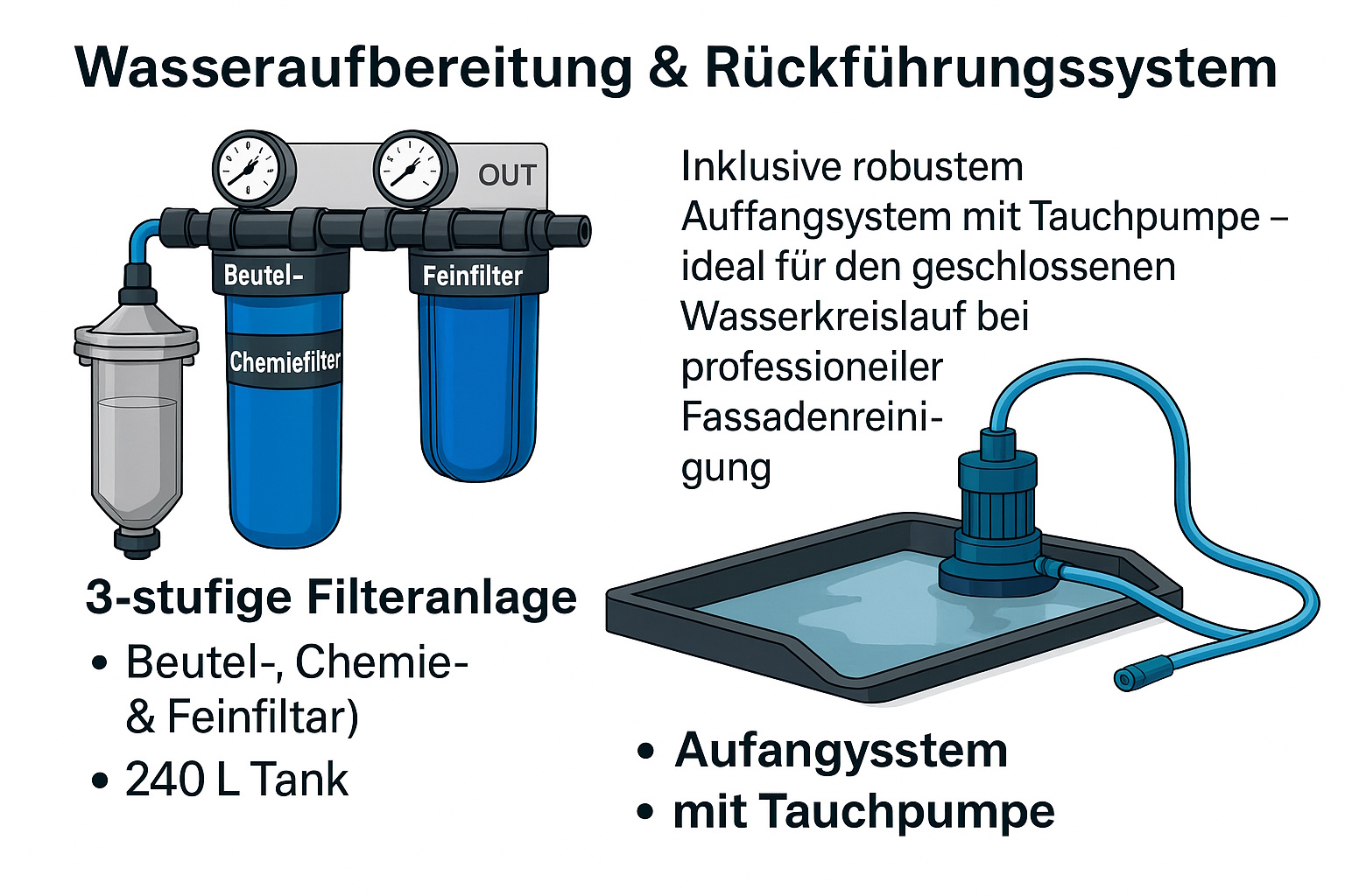 Wasseraufbereitung & Rückführungssystem. 3-stufige Filtereinheit, 240 L Tank