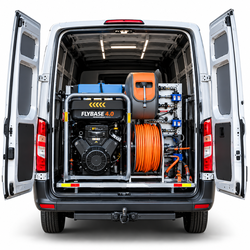 TRANSPORTER-EINBAU  FLYBASE 4.0 als kompakte Wasser- und Versorgungseinheit für den Einbau in einen Transporter. Ideal für Unternehmen, die ihr Reinigungssystem fest in einem vorhandenen Einsatzfahrzeug integrieren möchten.